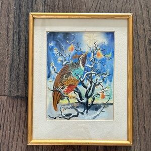 Watercolor partridge in a pear tree, gold frame, matted, 7.5x9.5”